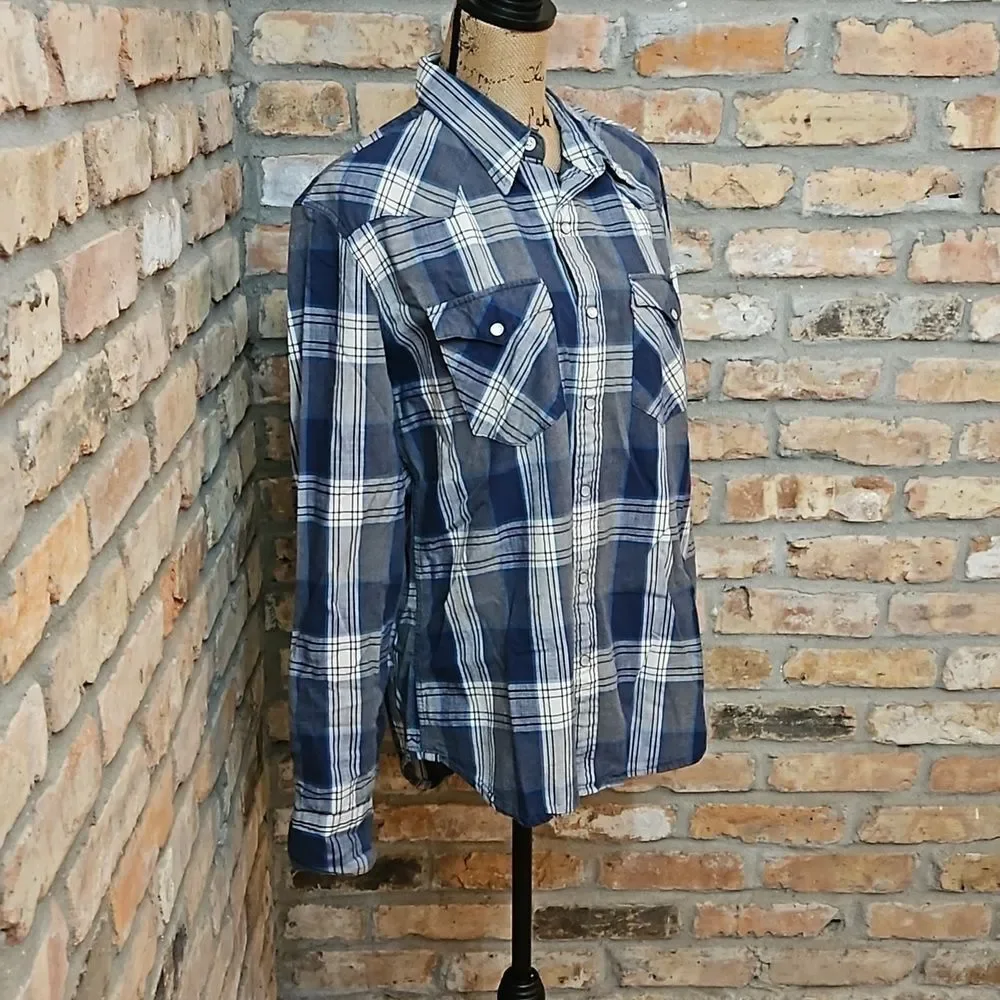 Levi's Men’s Blue Plaid Western Pearl Snap Shirt – Size Large